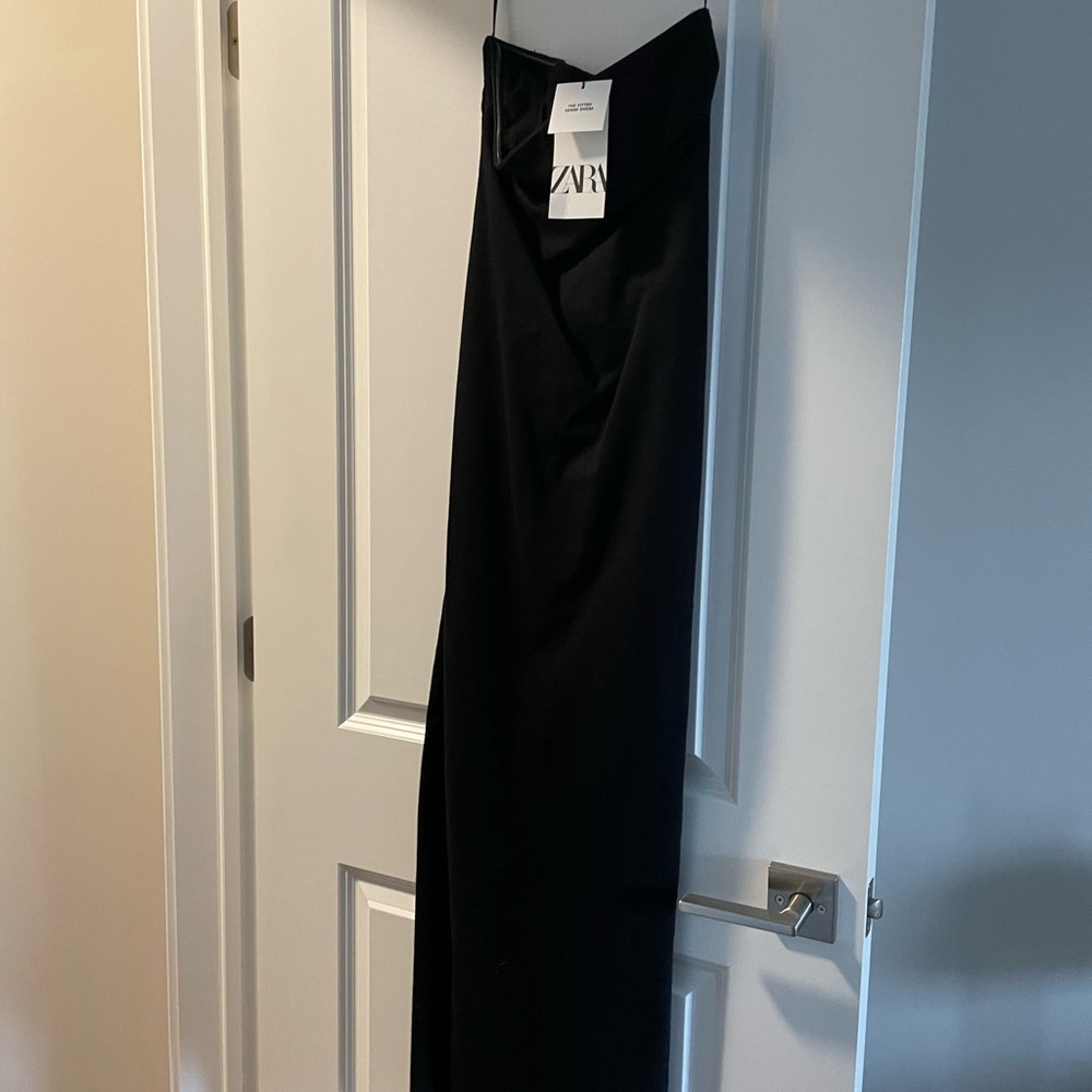 Zara fitted black denim dress with back slit. Size small. Like new